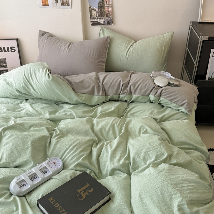 91家纺网 家纺一手货源 找家纺 桔禾家纺 2025新款ins风纯色水洗棉四件套双拼水洗棉学生三件套四件套 果绿浅灰