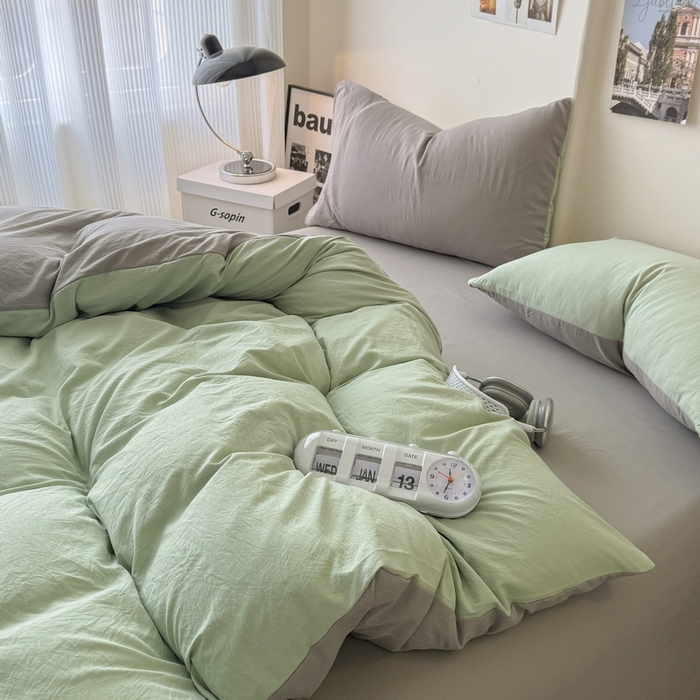 91家纺网 家纺一手货源 找家纺 桔禾家纺 2025新款ins风纯色水洗棉四件套双拼水洗棉学生三件套四件套 果绿浅灰