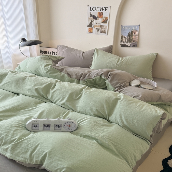 91家纺网 家纺一手货源 找家纺 桔禾家纺 2025新款ins风纯色水洗棉四件套双拼水洗棉学生三件套四件套 果绿浅灰