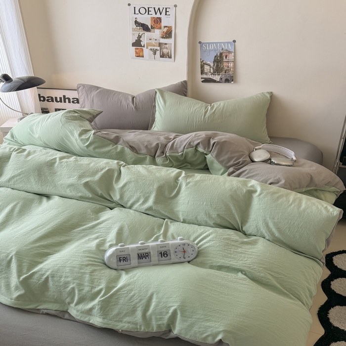 91家纺网 家纺一手货源 找家纺 桔禾家纺 2025新款ins风纯色水洗棉四件套双拼水洗棉学生三件套四件套 果绿浅灰