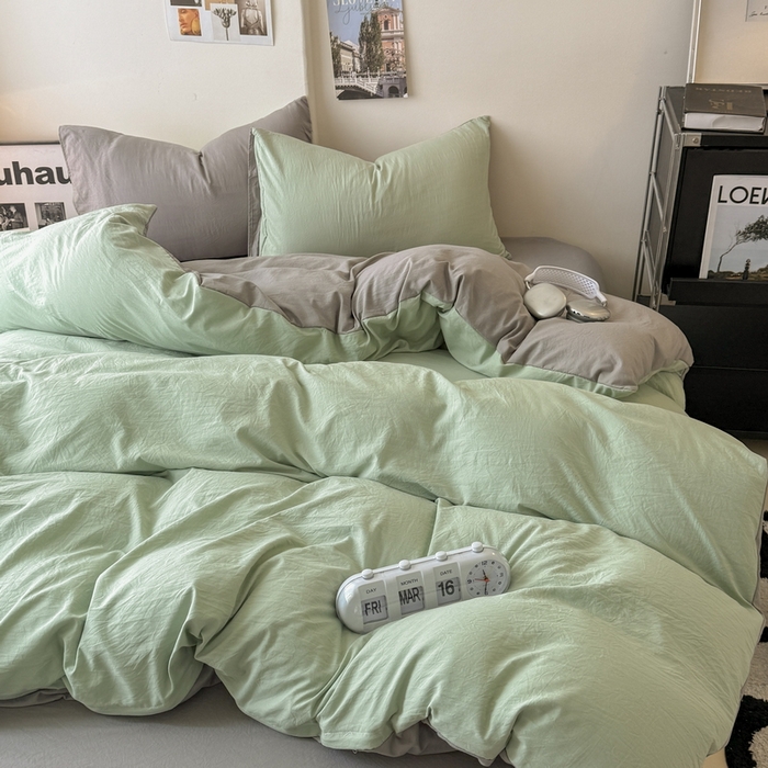 91家纺网 家纺一手货源 找家纺 桔禾家纺 2025新款ins风纯色水洗棉四件套双拼水洗棉学生三件套四件套 果绿浅灰