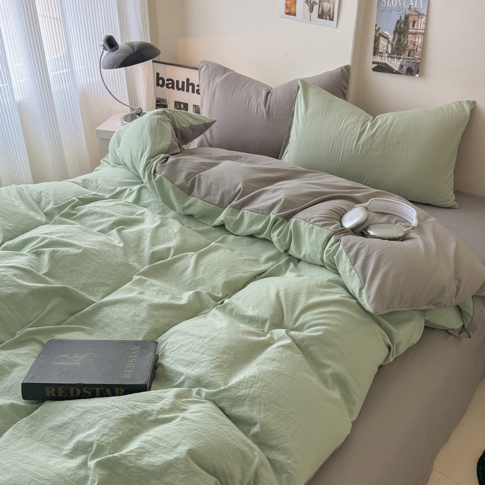 91家纺网 家纺一手货源 找家纺 桔禾家纺 2025新款ins风纯色水洗棉四件套双拼水洗棉学生三件套四件套 果绿浅灰