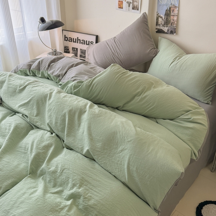 91家纺网 家纺一手货源 找家纺 桔禾家纺 2025新款ins风纯色水洗棉四件套双拼水洗棉学生三件套四件套 果绿浅灰