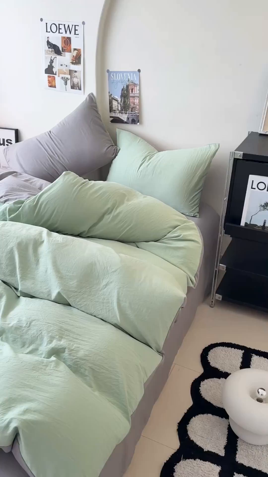 91家纺网 家纺一手货源 找家纺 桔禾家纺 2025新款ins风纯色水洗棉四件套双拼水洗棉学生三件套四件套 果绿浅灰