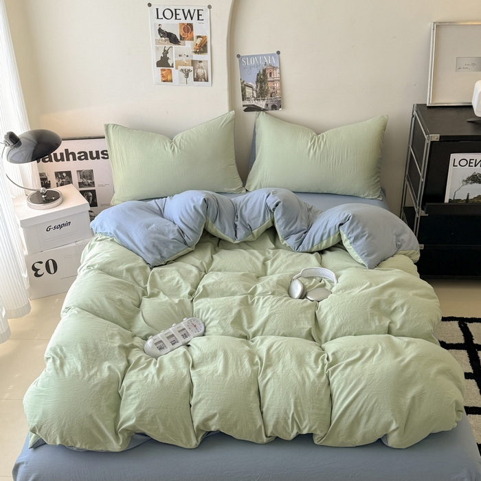 桔禾家纺 2025新款ins风纯色水洗棉四件套双拼水洗棉学生三件套四件套 果绿雾霾蓝