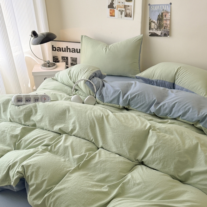 91家纺网 家纺一手货源 找家纺 桔禾家纺 2025新款ins风纯色水洗棉四件套双拼水洗棉学生三件套四件套 果绿雾霾蓝