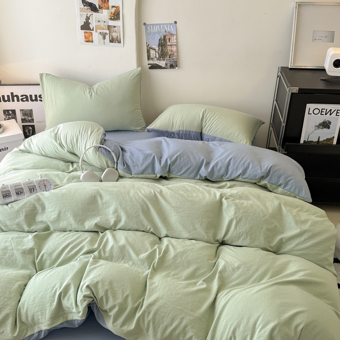 91家纺网 家纺一手货源 找家纺 桔禾家纺 2025新款ins风纯色水洗棉四件套双拼水洗棉学生三件套四件套 果绿雾霾蓝