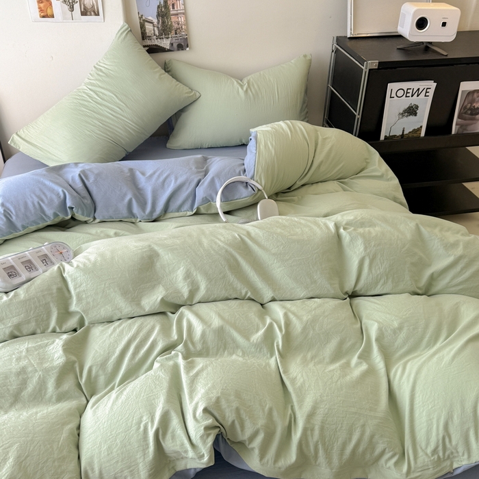 91家纺网 家纺一手货源 找家纺 桔禾家纺 2025新款ins风纯色水洗棉四件套双拼水洗棉学生三件套四件套 果绿雾霾蓝