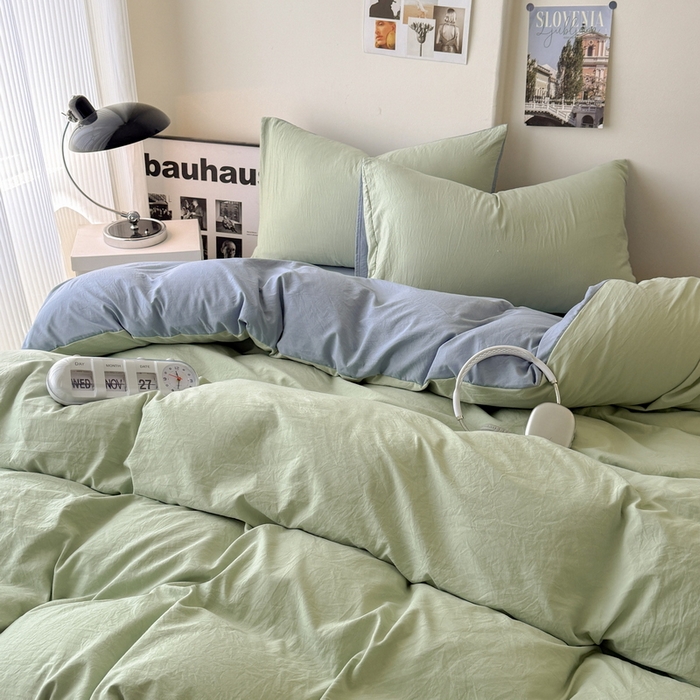 91家纺网 家纺一手货源 找家纺 桔禾家纺 2025新款ins风纯色水洗棉四件套双拼水洗棉学生三件套四件套 果绿雾霾蓝