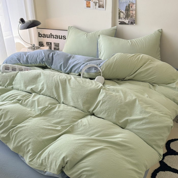 91家纺网 家纺一手货源 找家纺 桔禾家纺 2025新款ins风纯色水洗棉四件套双拼水洗棉学生三件套四件套 果绿雾霾蓝