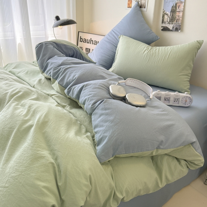 91家纺网 家纺一手货源 找家纺 桔禾家纺 2025新款ins风纯色水洗棉四件套双拼水洗棉学生三件套四件套 果绿雾霾蓝