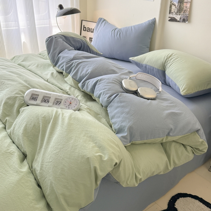 91家纺网 家纺一手货源 找家纺 桔禾家纺 2025新款ins风纯色水洗棉四件套双拼水洗棉学生三件套四件套 果绿雾霾蓝