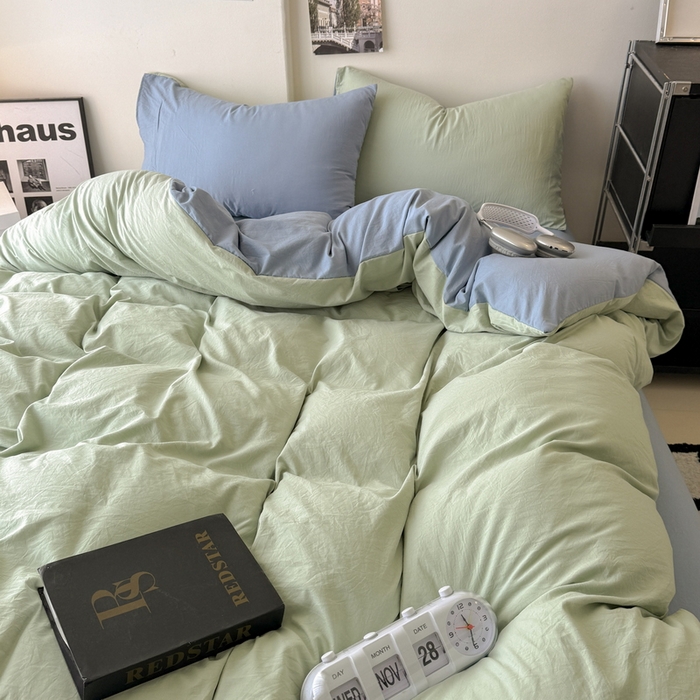 91家纺网 家纺一手货源 找家纺 桔禾家纺 2025新款ins风纯色水洗棉四件套双拼水洗棉学生三件套四件套 果绿雾霾蓝