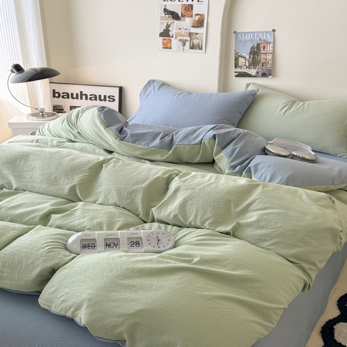 91家纺网 家纺一手货源 找家纺 桔禾家纺 2025新款ins风纯色水洗棉四件套双拼水洗棉学生三件套四件套 果绿雾霾蓝