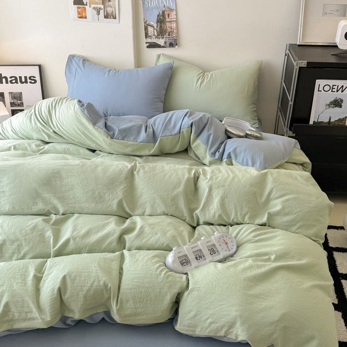 91家纺网 家纺一手货源 找家纺 桔禾家纺 2025新款ins风纯色水洗棉四件套双拼水洗棉学生三件套四件套 果绿雾霾蓝