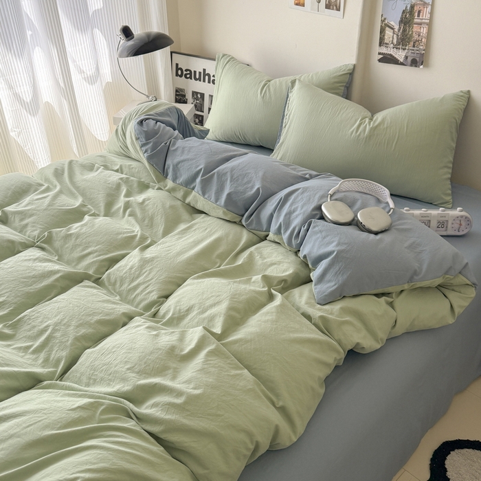 91家纺网 家纺一手货源 找家纺 桔禾家纺 2025新款ins风纯色水洗棉四件套双拼水洗棉学生三件套四件套 果绿雾霾蓝