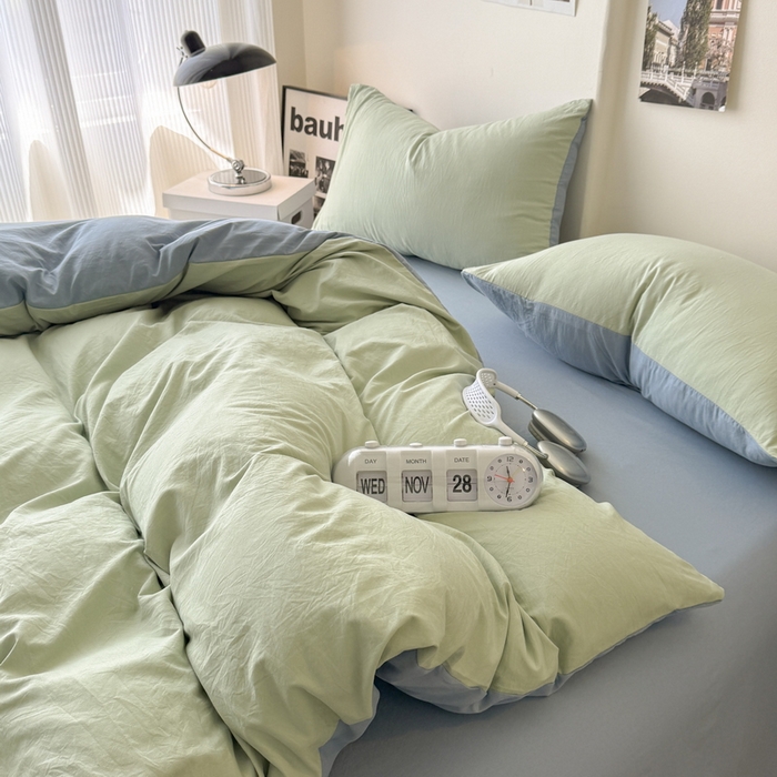 91家纺网 家纺一手货源 找家纺 桔禾家纺 2025新款ins风纯色水洗棉四件套双拼水洗棉学生三件套四件套 果绿雾霾蓝