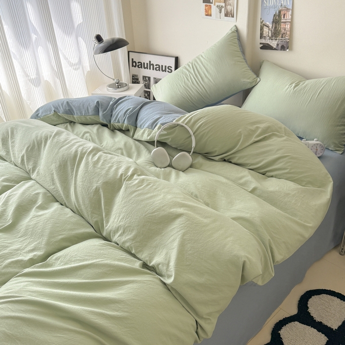 91家纺网 家纺一手货源 找家纺 桔禾家纺 2025新款ins风纯色水洗棉四件套双拼水洗棉学生三件套四件套 果绿雾霾蓝