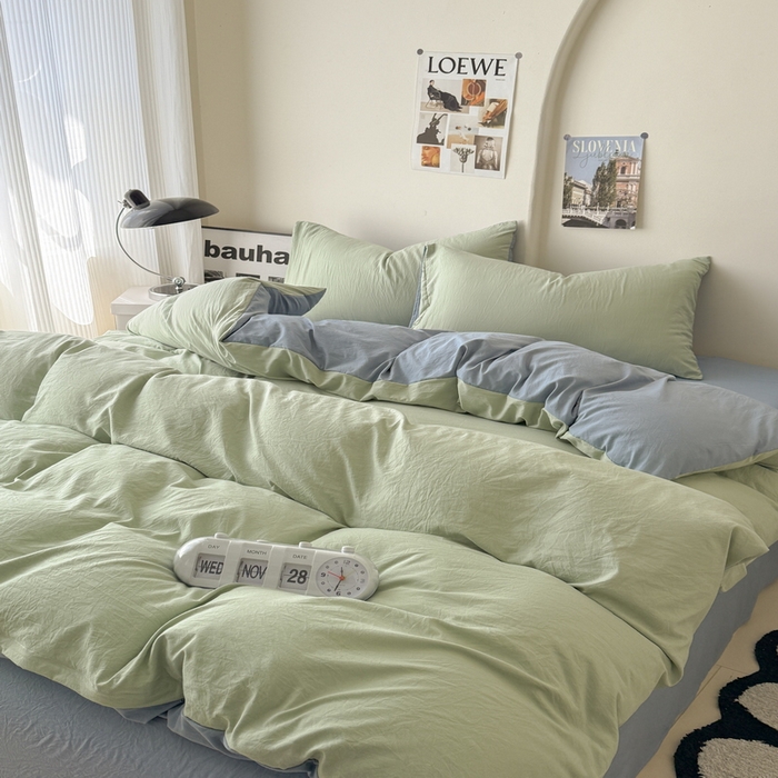 91家纺网 家纺一手货源 找家纺 桔禾家纺 2025新款ins风纯色水洗棉四件套双拼水洗棉学生三件套四件套 果绿雾霾蓝