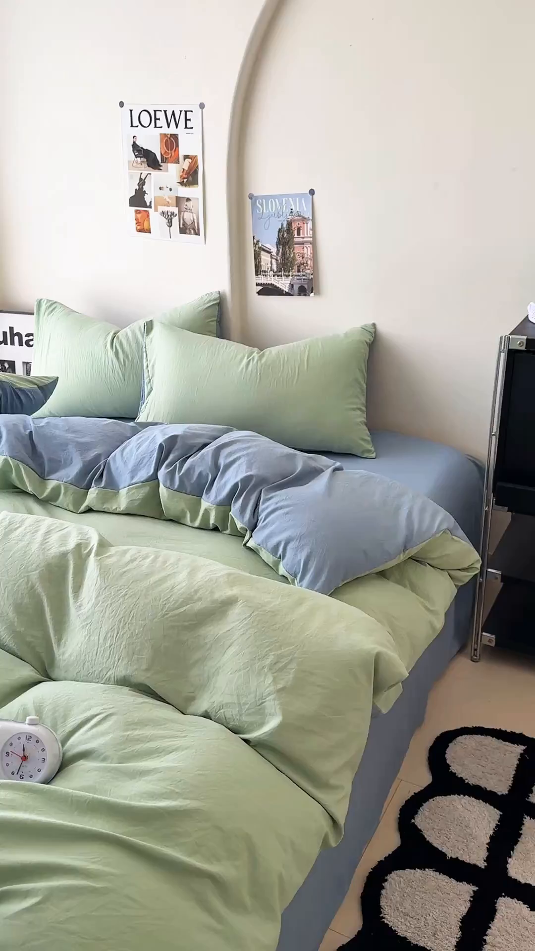 91家纺网 家纺一手货源 找家纺 桔禾家纺 2025新款ins风纯色水洗棉四件套双拼水洗棉学生三件套四件套 果绿雾霾蓝