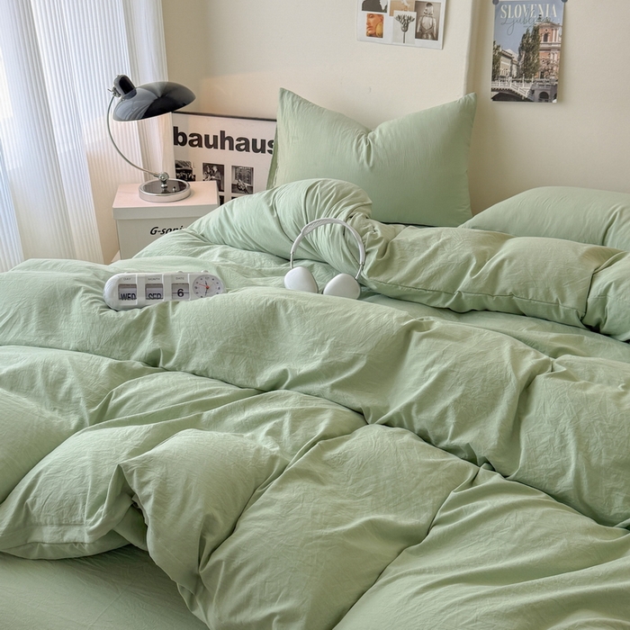 91家纺网 家纺一手货源 找家纺 桔禾家纺 2025新款ins风纯色水洗棉四件套双拼水洗棉学生三件套四件套 抹茶绿