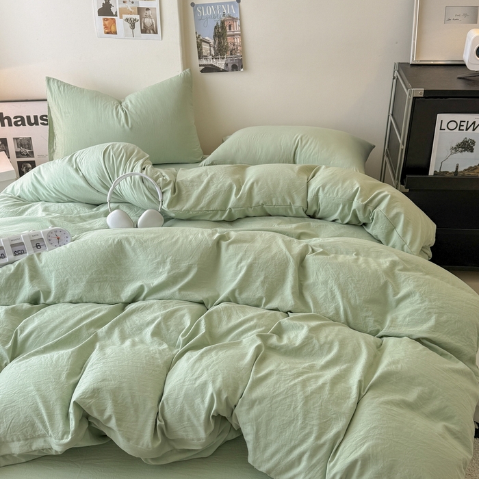 91家纺网 家纺一手货源 找家纺 桔禾家纺 2025新款ins风纯色水洗棉四件套双拼水洗棉学生三件套四件套 抹茶绿