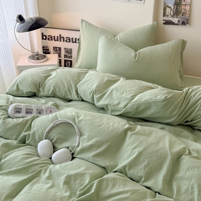 91家纺网 家纺一手货源 找家纺 桔禾家纺 2025新款ins风纯色水洗棉四件套双拼水洗棉学生三件套四件套 抹茶绿