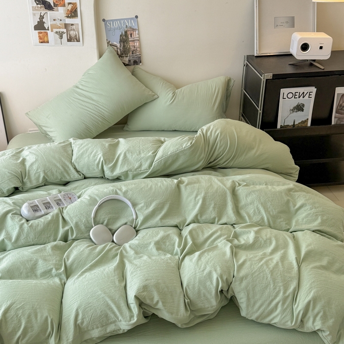 91家纺网 家纺一手货源 找家纺 桔禾家纺 2025新款ins风纯色水洗棉四件套双拼水洗棉学生三件套四件套 抹茶绿