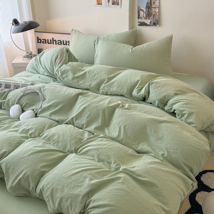 91家纺网 家纺一手货源 找家纺 桔禾家纺 2025新款ins风纯色水洗棉四件套双拼水洗棉学生三件套四件套 抹茶绿