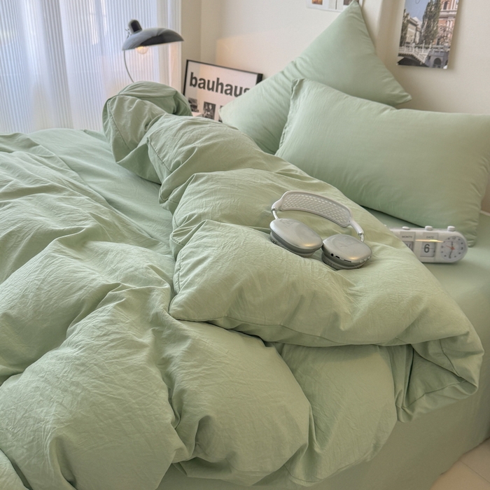 91家纺网 家纺一手货源 找家纺 桔禾家纺 2025新款ins风纯色水洗棉四件套双拼水洗棉学生三件套四件套 抹茶绿