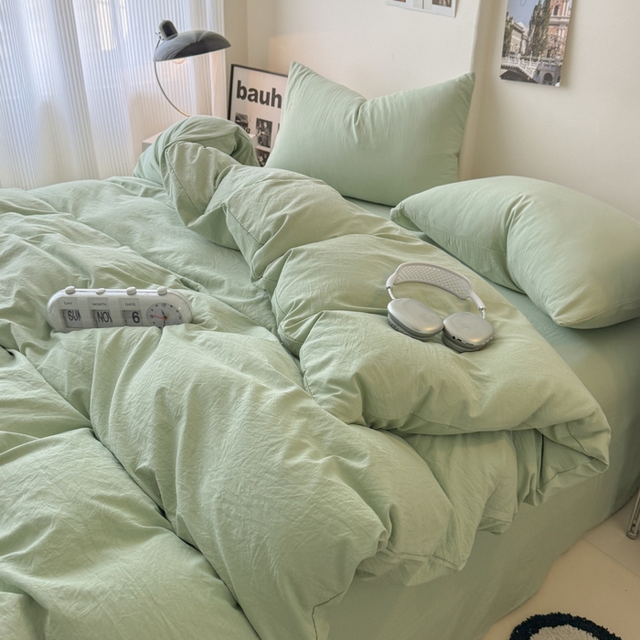 91家纺网 家纺一手货源 找家纺 桔禾家纺 2025新款ins风纯色水洗棉四件套双拼水洗棉学生三件套四件套 抹茶绿