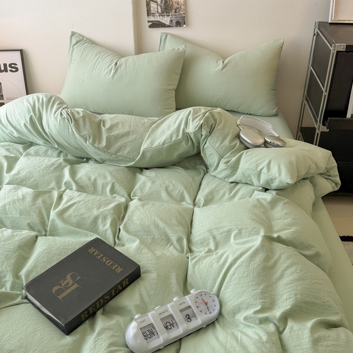 91家纺网 家纺一手货源 找家纺 桔禾家纺 2025新款ins风纯色水洗棉四件套双拼水洗棉学生三件套四件套 抹茶绿