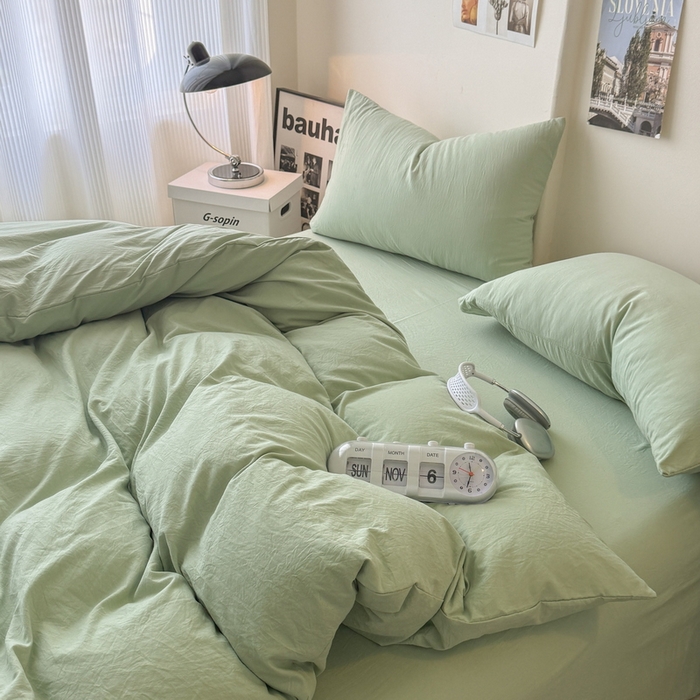 91家纺网 家纺一手货源 找家纺 桔禾家纺 2025新款ins风纯色水洗棉四件套双拼水洗棉学生三件套四件套 抹茶绿