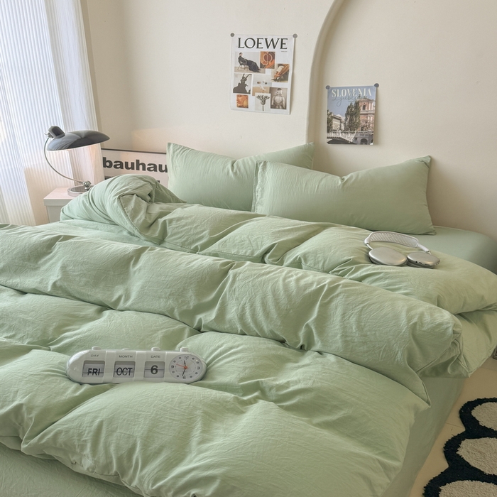 91家纺网 家纺一手货源 找家纺 桔禾家纺 2025新款ins风纯色水洗棉四件套双拼水洗棉学生三件套四件套 抹茶绿