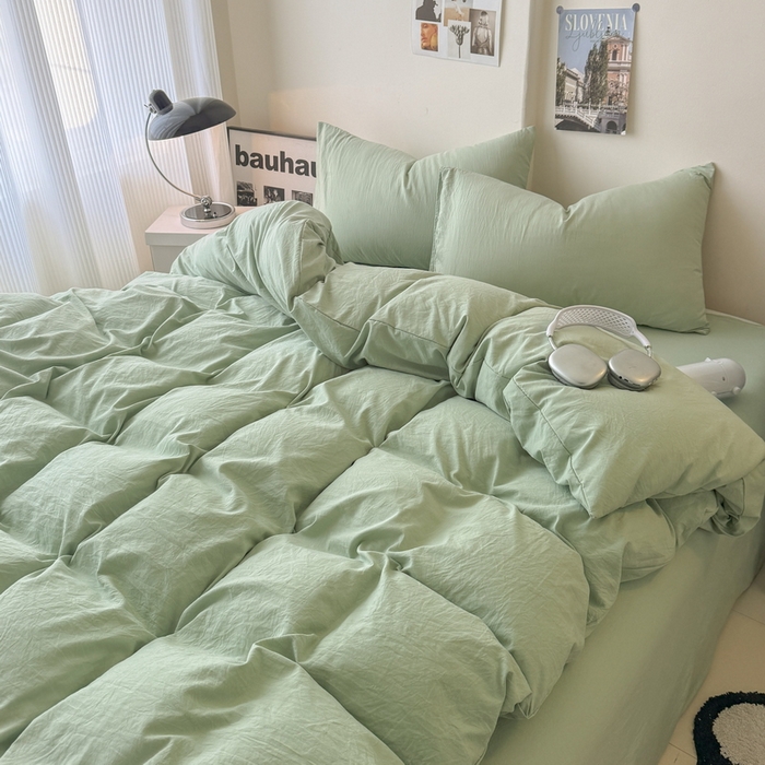 91家纺网 家纺一手货源 找家纺 桔禾家纺 2025新款ins风纯色水洗棉四件套双拼水洗棉学生三件套四件套 抹茶绿