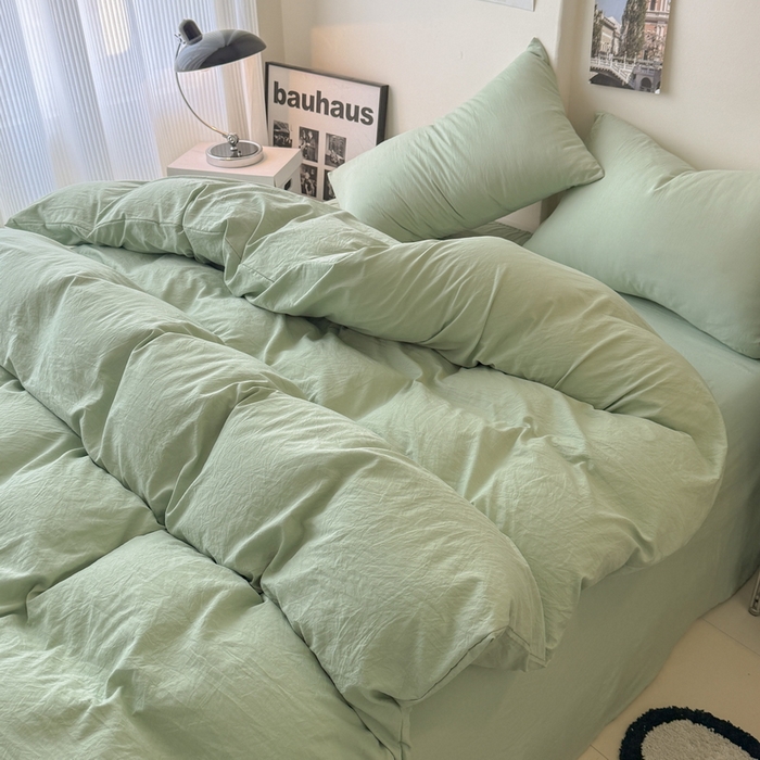 91家纺网 家纺一手货源 找家纺 桔禾家纺 2025新款ins风纯色水洗棉四件套双拼水洗棉学生三件套四件套 抹茶绿