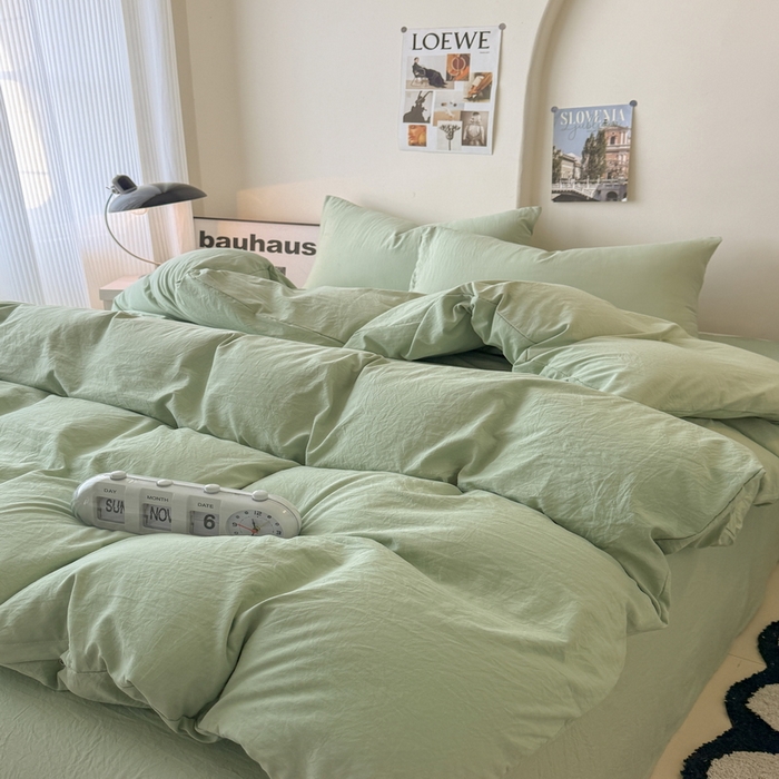 91家纺网 家纺一手货源 找家纺 桔禾家纺 2025新款ins风纯色水洗棉四件套双拼水洗棉学生三件套四件套 抹茶绿