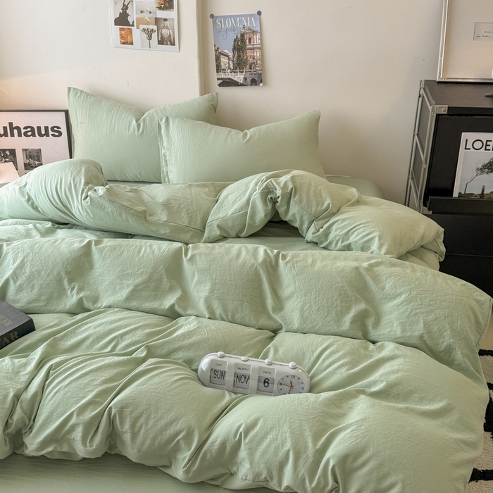 91家纺网 家纺一手货源 找家纺 桔禾家纺 2025新款ins风纯色水洗棉四件套双拼水洗棉学生三件套四件套 抹茶绿