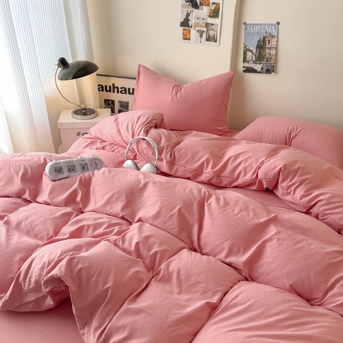 91家纺网 家纺一手货源 找家纺 桔禾家纺 2025新款ins风纯色水洗棉四件套双拼水洗棉学生三件套四件套 藕粉