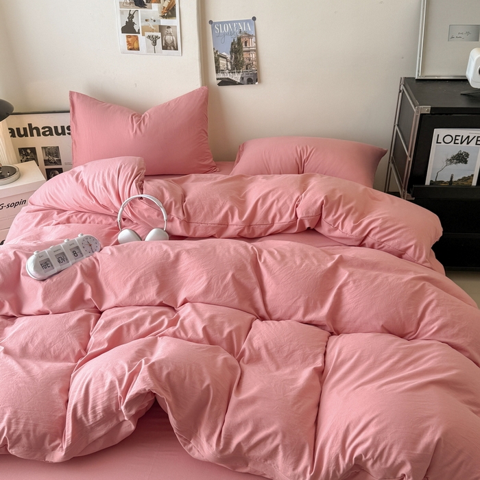 91家纺网 家纺一手货源 找家纺 桔禾家纺 2025新款ins风纯色水洗棉四件套双拼水洗棉学生三件套四件套 藕粉