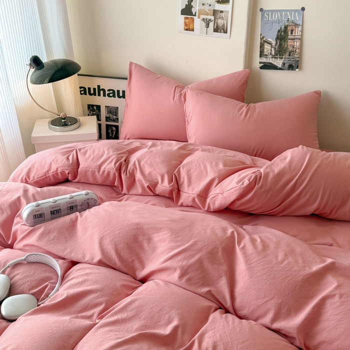 91家纺网 家纺一手货源 找家纺 桔禾家纺 2025新款ins风纯色水洗棉四件套双拼水洗棉学生三件套四件套 藕粉