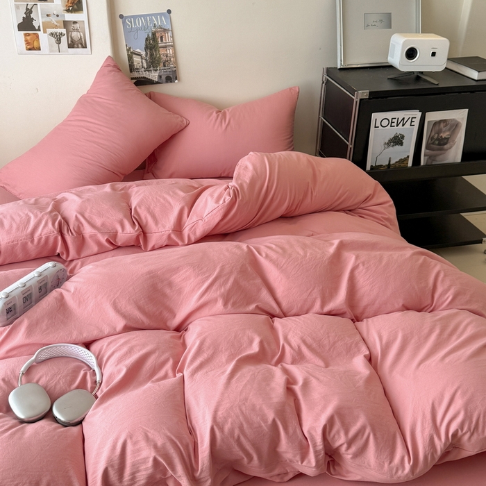 91家纺网 家纺一手货源 找家纺 桔禾家纺 2025新款ins风纯色水洗棉四件套双拼水洗棉学生三件套四件套 藕粉