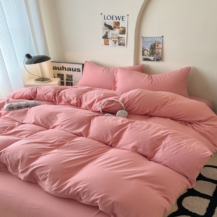 91家纺网 家纺一手货源 找家纺 桔禾家纺 2025新款ins风纯色水洗棉四件套双拼水洗棉学生三件套四件套 藕粉