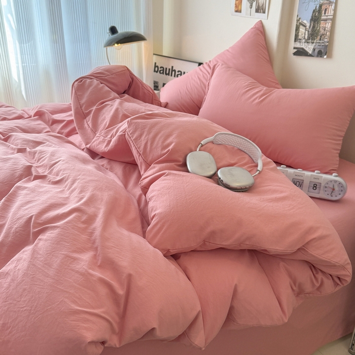 91家纺网 家纺一手货源 找家纺 桔禾家纺 2025新款ins风纯色水洗棉四件套双拼水洗棉学生三件套四件套 藕粉