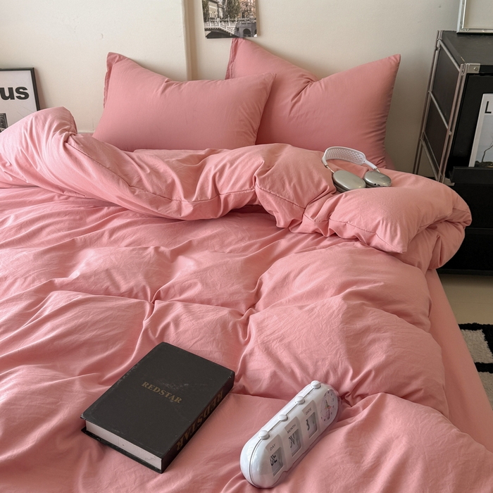 91家纺网 家纺一手货源 找家纺 桔禾家纺 2025新款ins风纯色水洗棉四件套双拼水洗棉学生三件套四件套 藕粉