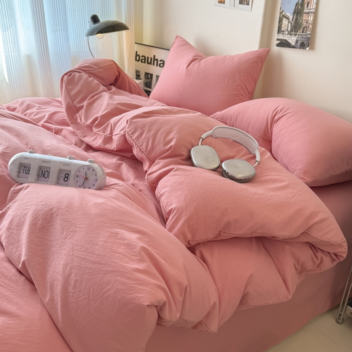 91家纺网 家纺一手货源 找家纺 桔禾家纺 2025新款ins风纯色水洗棉四件套双拼水洗棉学生三件套四件套 藕粉