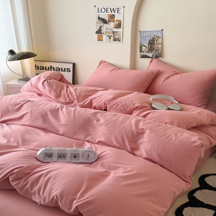 91家纺网 家纺一手货源 找家纺 桔禾家纺 2025新款ins风纯色水洗棉四件套双拼水洗棉学生三件套四件套 藕粉