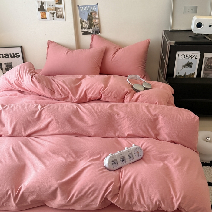 91家纺网 家纺一手货源 找家纺 桔禾家纺 2025新款ins风纯色水洗棉四件套双拼水洗棉学生三件套四件套 藕粉