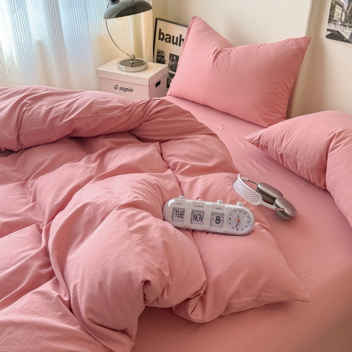 91家纺网 家纺一手货源 找家纺 桔禾家纺 2025新款ins风纯色水洗棉四件套双拼水洗棉学生三件套四件套 藕粉