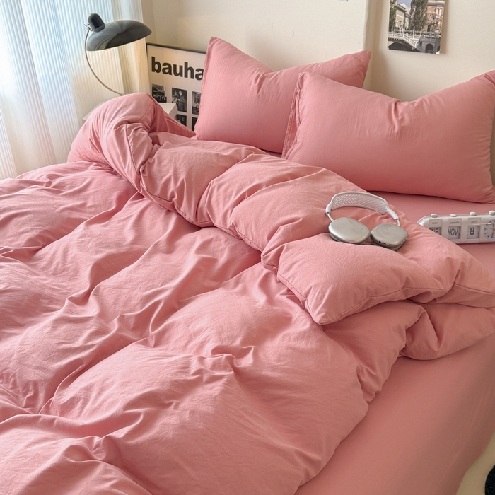 91家纺网 家纺一手货源 找家纺 桔禾家纺 2025新款ins风纯色水洗棉四件套双拼水洗棉学生三件套四件套 藕粉